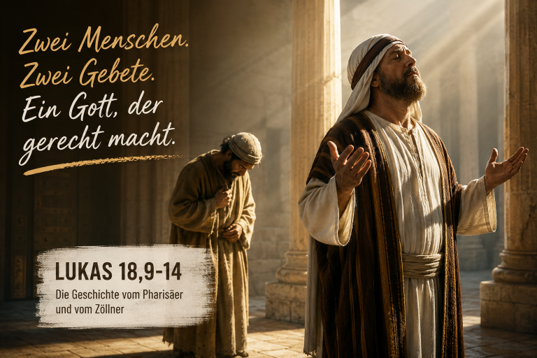 Zwei Menschen beten. Schriftzug: Ein Gott der gerecht macht