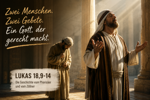 Zwei Menschen beten. Schriftzug: Ein Gott der gerecht macht